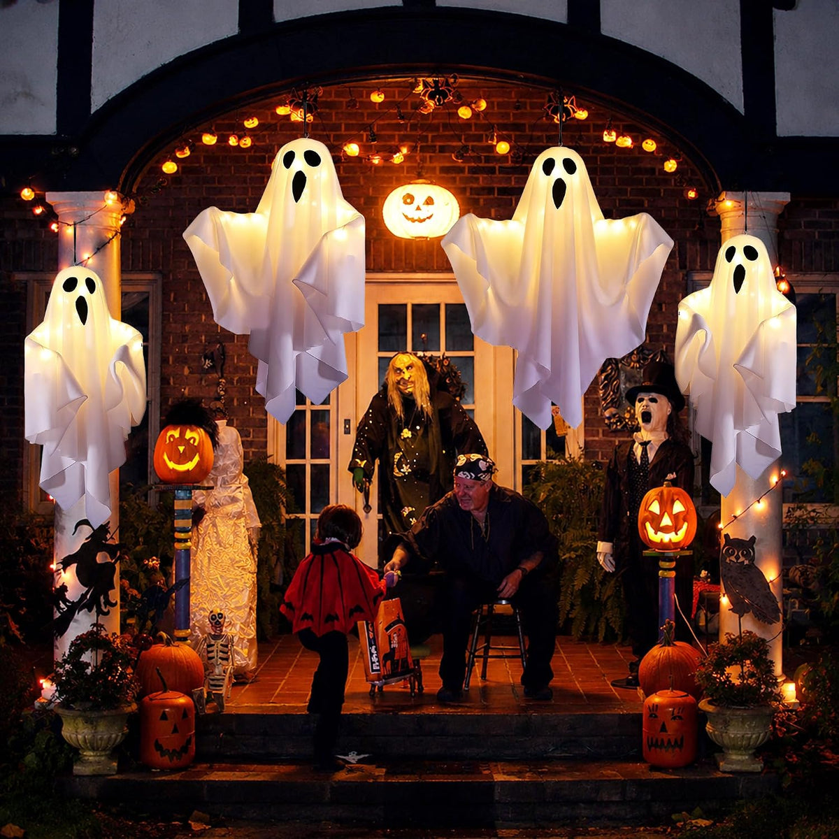 4 Pack 27.5 Inch Swinging Hanging Ghost Lights Battery Operated Halloween Dec...