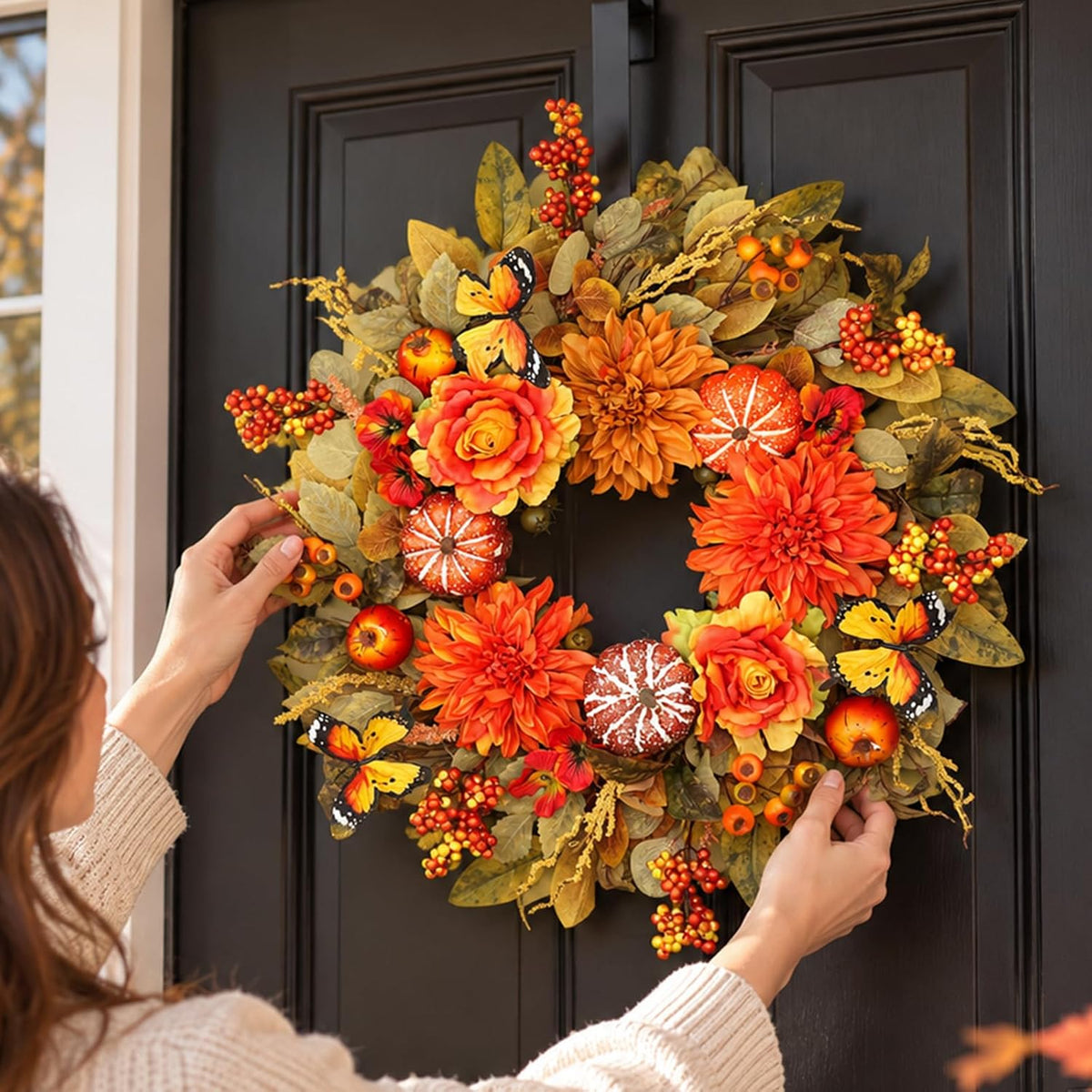 26 Inch Fall Wreaths for Front Door, Large Autumn Harvest Wreath with Pumpkin...