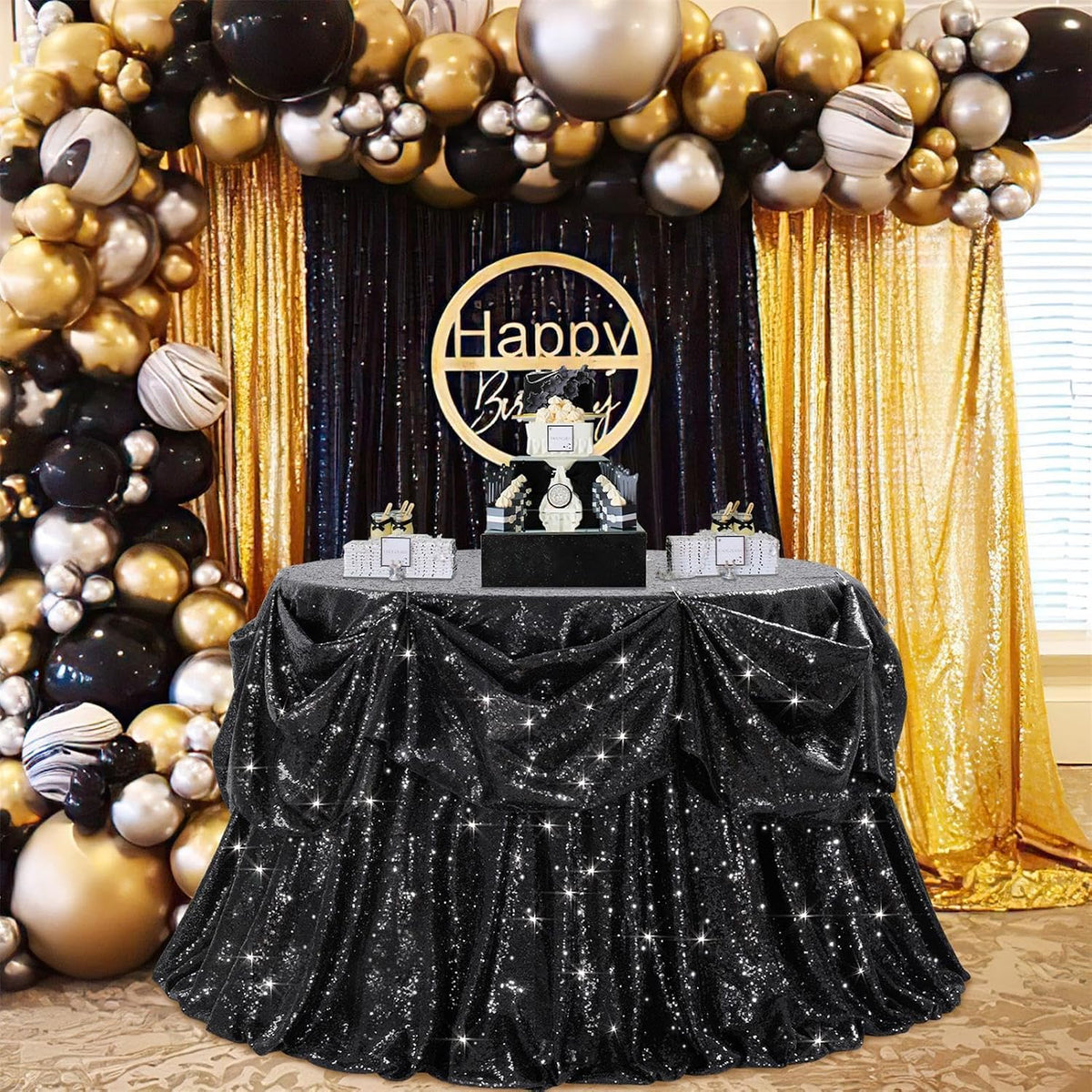 B-COOL Black Sequin Tablecloth Parties Decor Round Sequin Overlay Shimmer