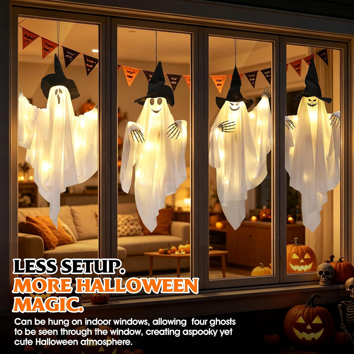 Dusk&Decorum 4 Pack Lighted Hanging Ghost Halloween Decorations with Witc...