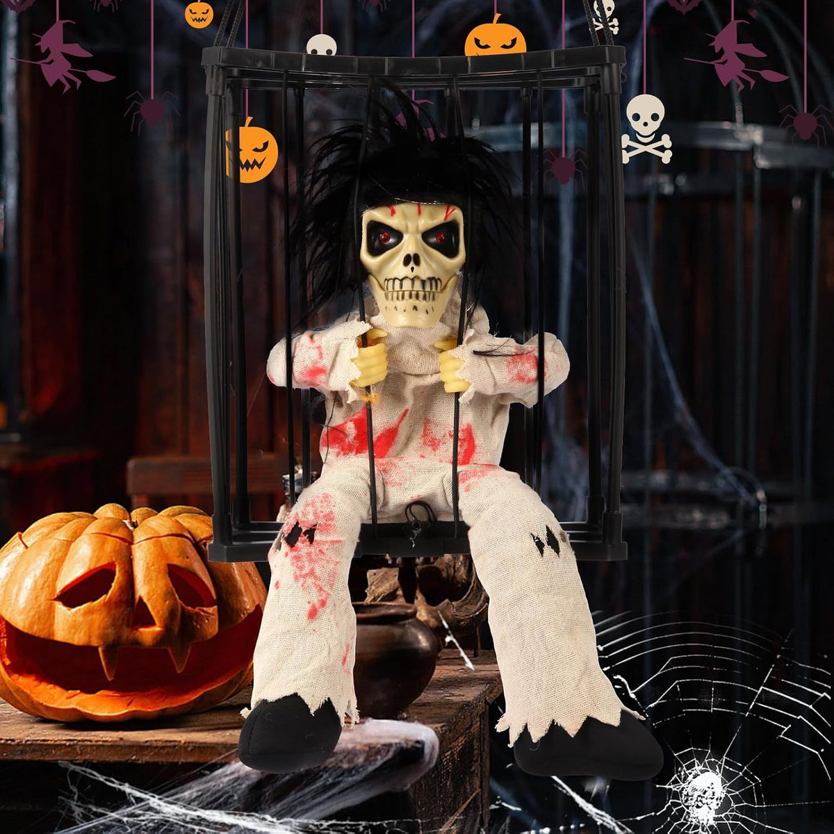 Animated Halloween Decorations, Skull Ghost Hanging Decoration Prop, Scary Sk...