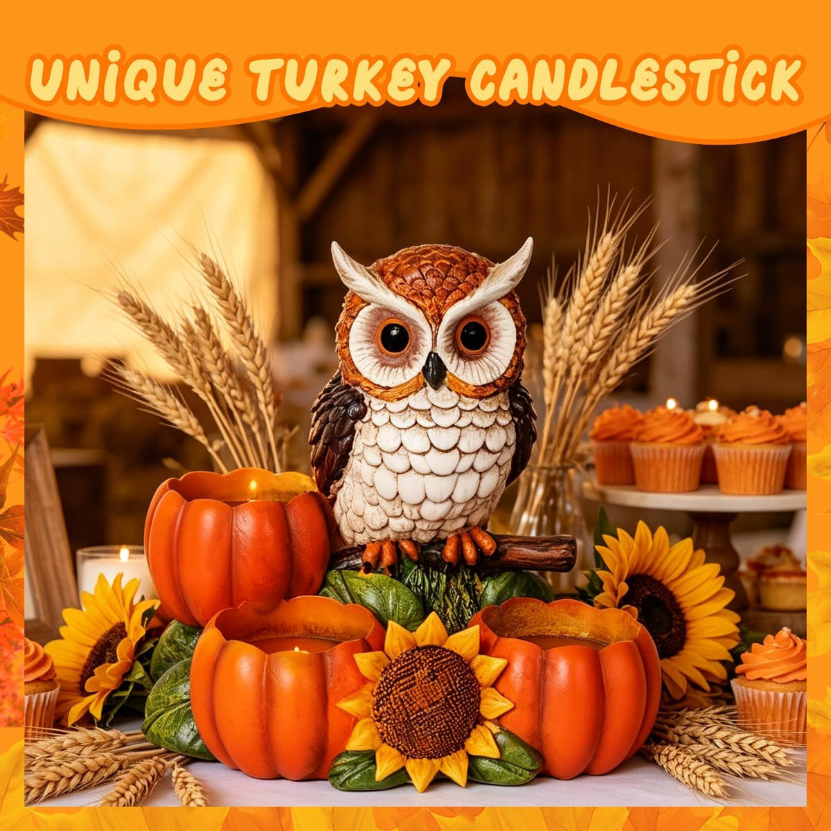 Fall Owl Candle Holder with 3 Pumpkin Tealight Holders