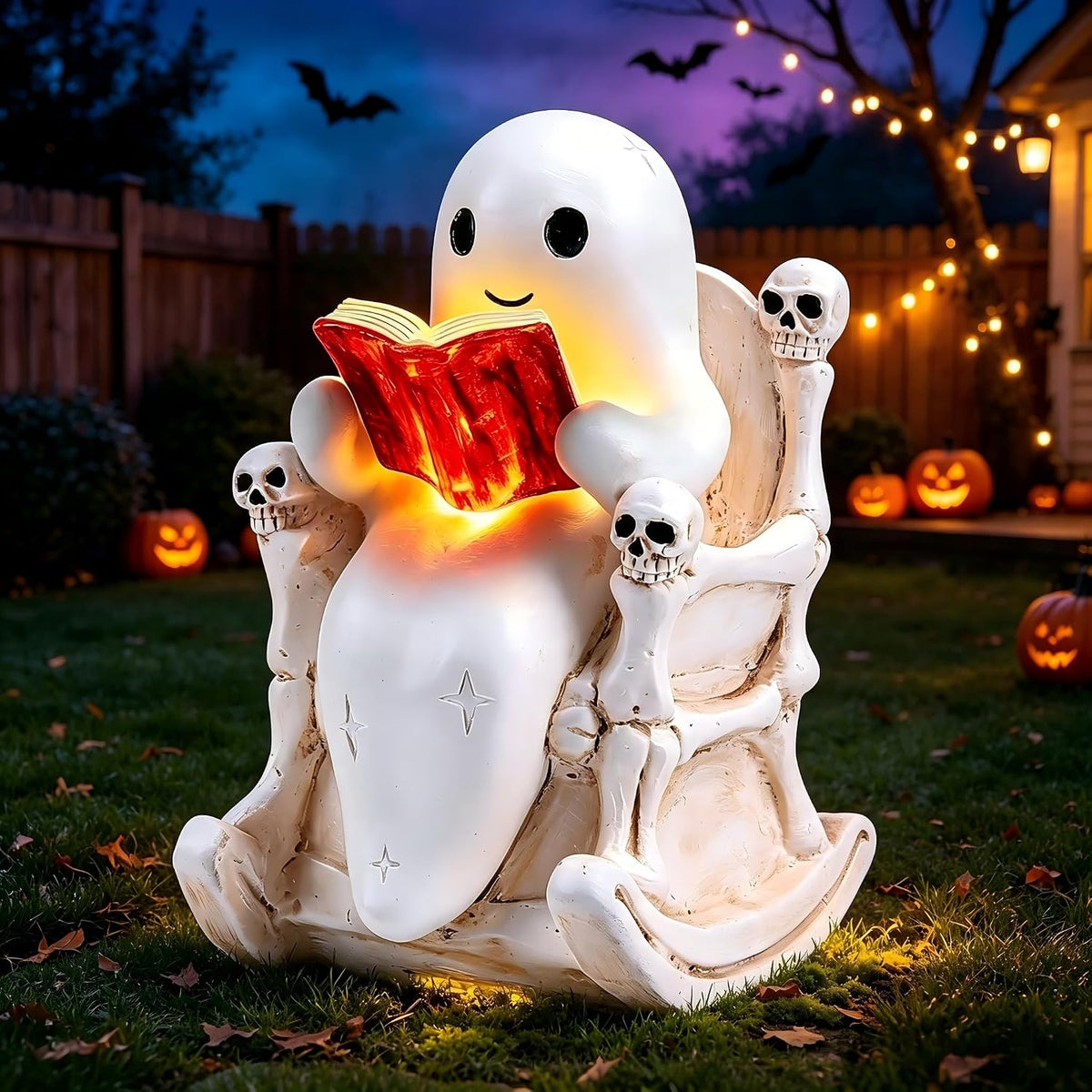 Solar Halloween Outdoor Light 7.4" Ghost Statue Skull Throne Garden Decor