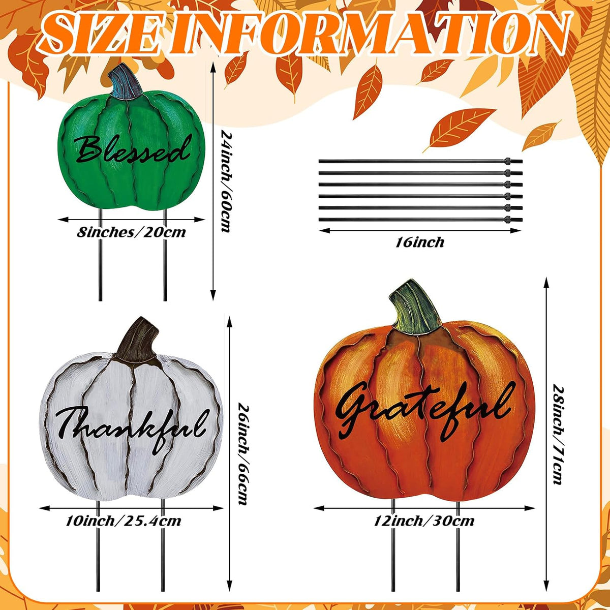 3 Pcs Thanksgiving Fall Outdoor Decor Metal Pumpkin Yard Stakes Decorations