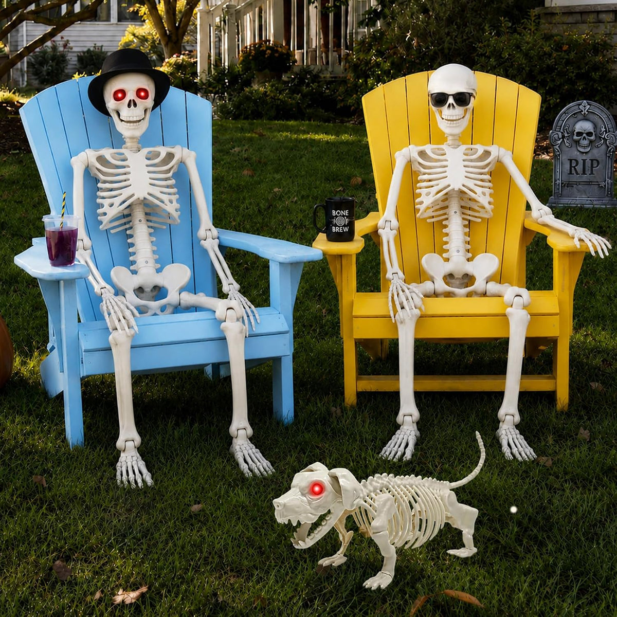 36'' Halloween Skeleton Decoration with Dog: Posable Skeleton Glowing...