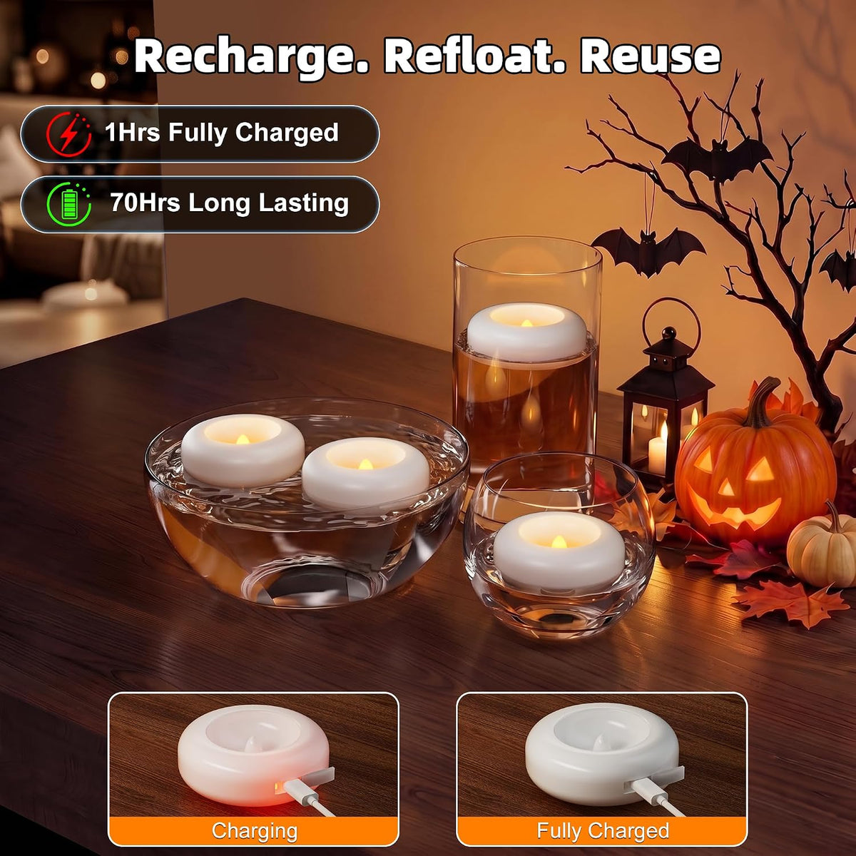 3" White Rechargeable Flameless Floating Candles, Water Activated 6 Pcs