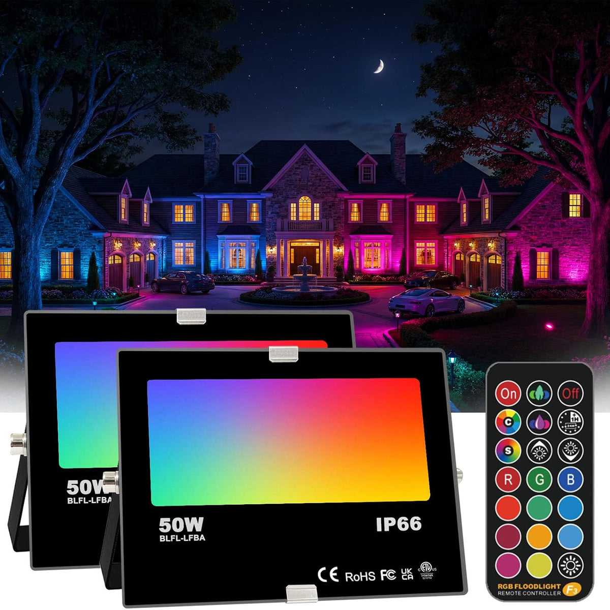 HEKEE RGB Led Flood Light 50W, Outdoor Color Changing DIY Customized Strobe M...