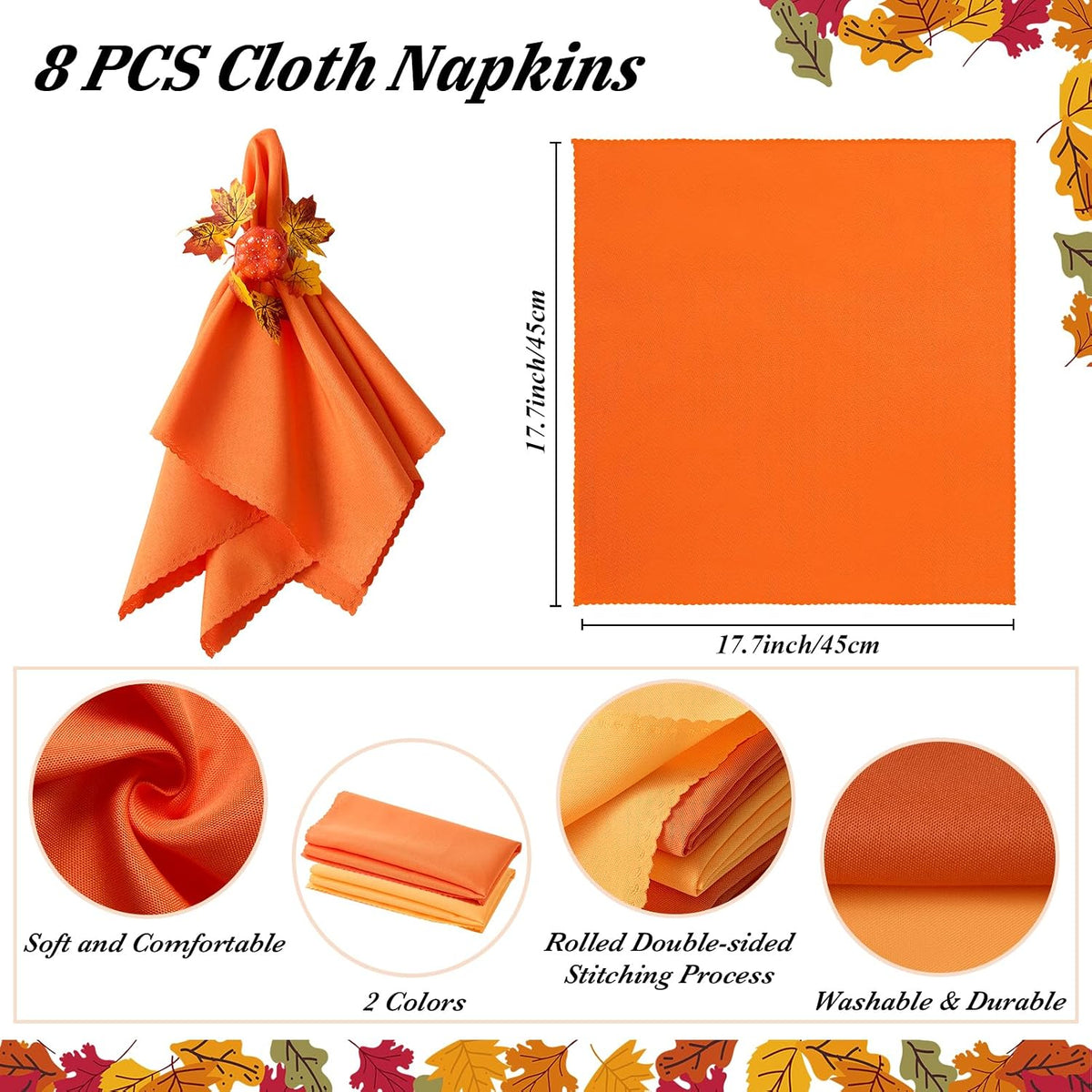 Fall Thanksgiving Decorations Set of 16, Fall Cloth Napkins & Napkin Rings