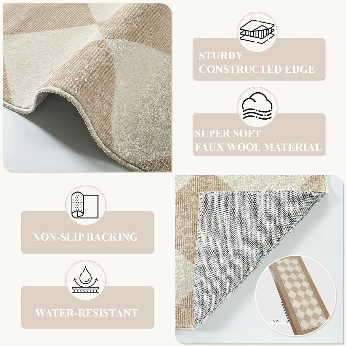 Beeiva Checkered Print Carpet Runners for Hallway 12ft, Beige Neutral Washabl...