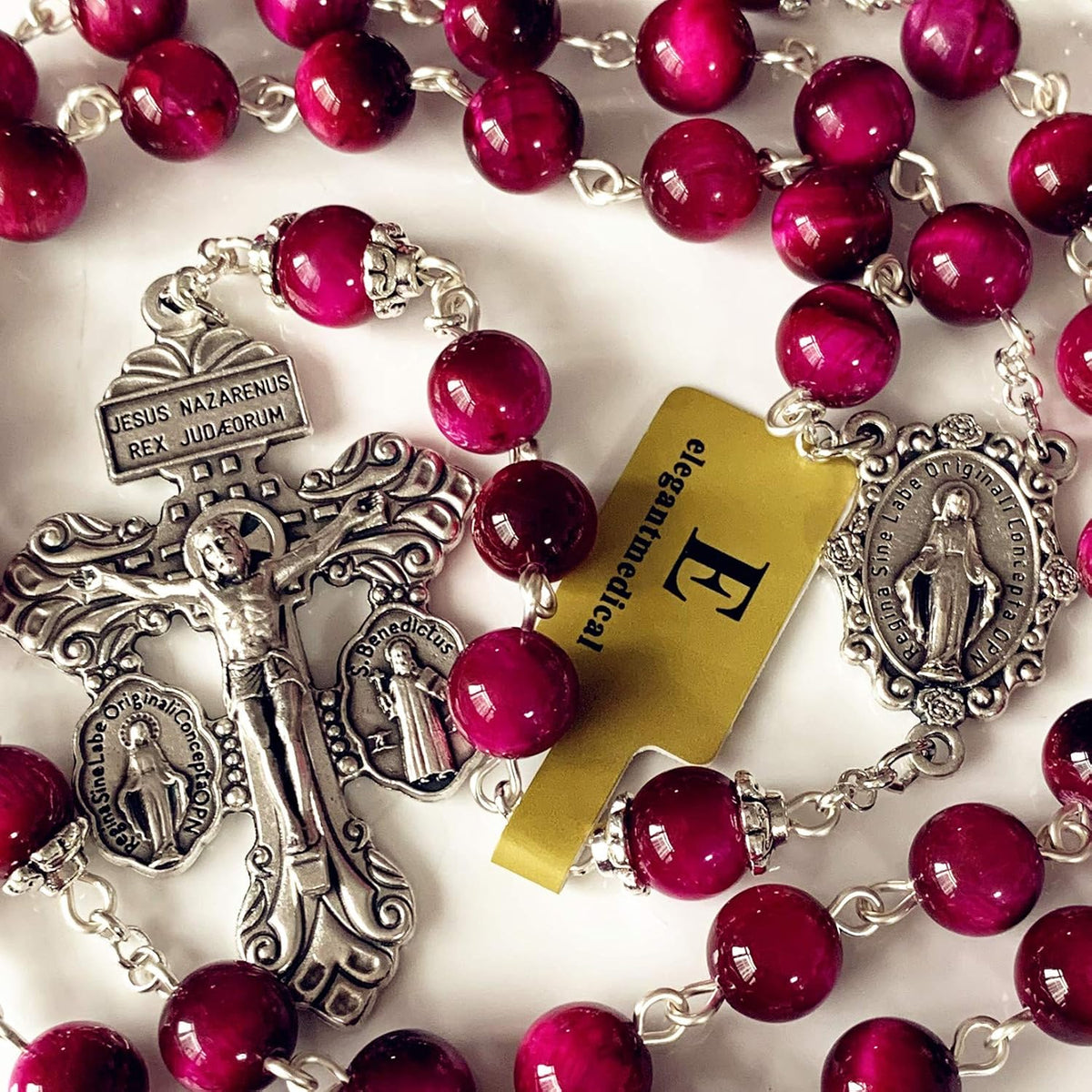 elegantmedical Handmade Red Tiger Eye Beads Our Lady of Grace Rosary Peacock ...