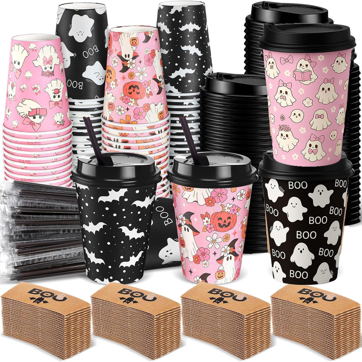 Lallisa 100 Sets 12 oz Halloween Disposable Coffee Cups with Lids and Sleeves...