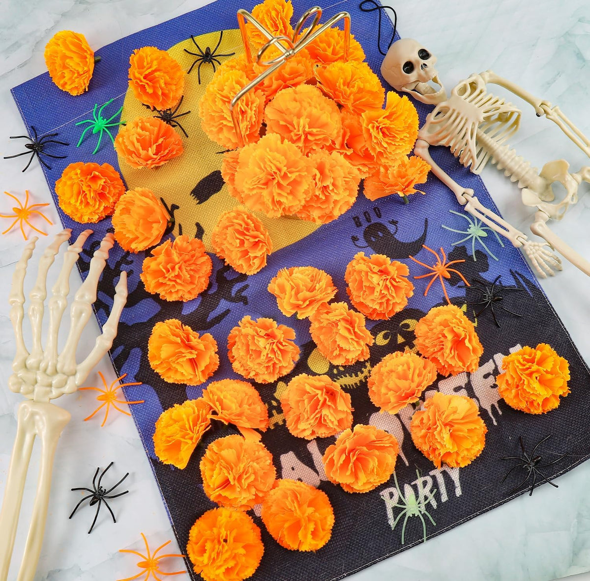 JMUQ 200Pcs Artificial Marigold Flowers, 2inch Silk Marigolds with Stems, Ora...