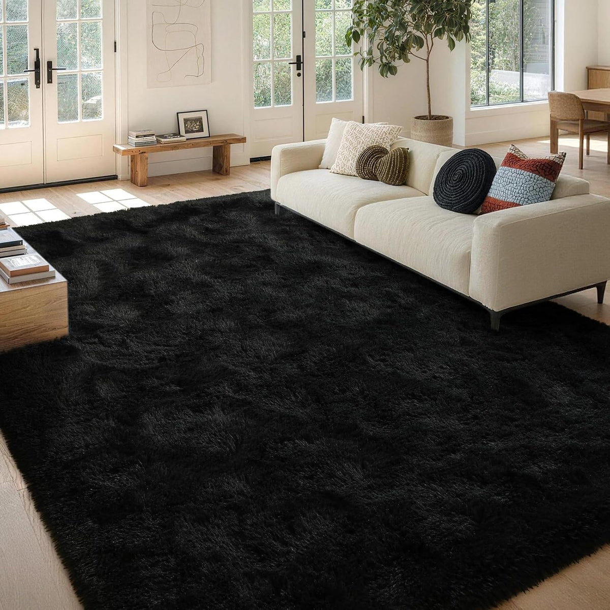 FinRèc Home 8x10 Non-Slip Fluffy Area Rugs for Living Room (Black)