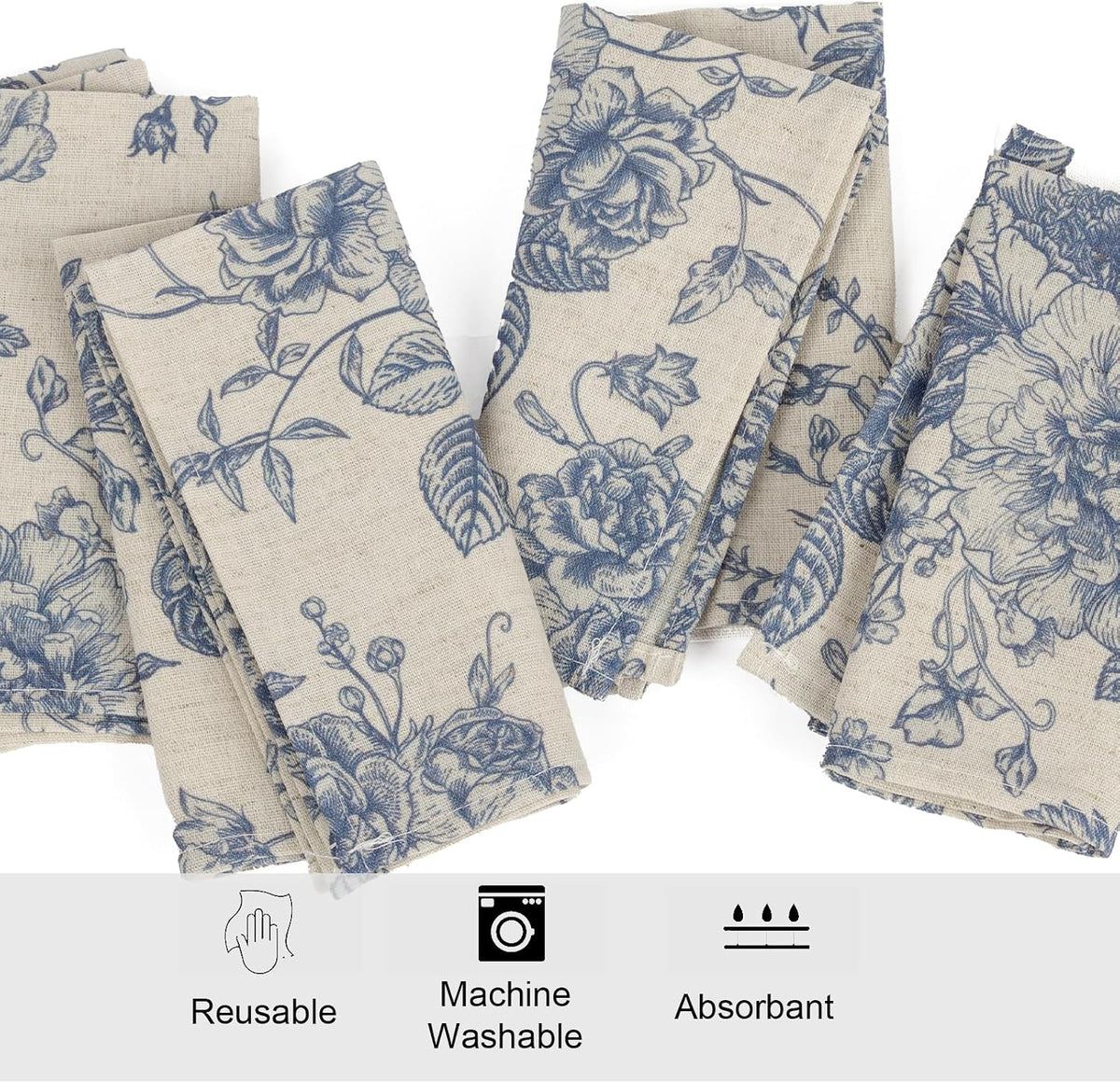 Blue Floral Cloth Napkins Set of 12, Vintage Linen Cotton Dinner Napkins 15x1...