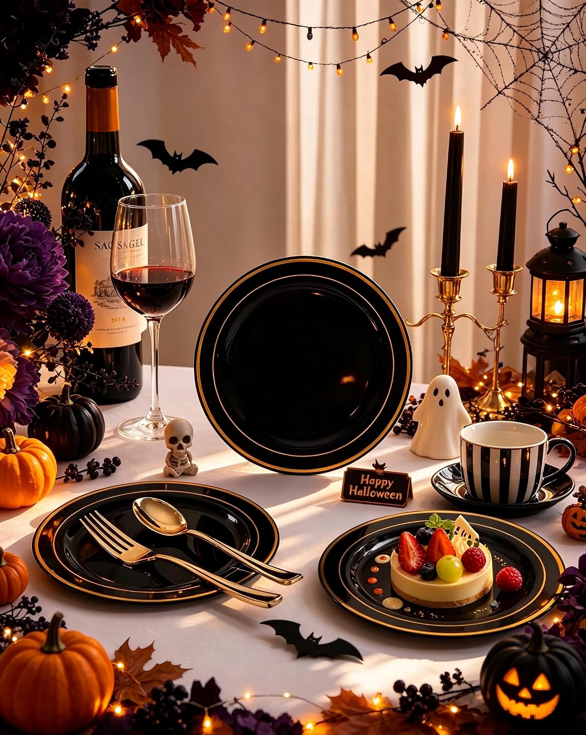 bUCLA 100 Pieces Black and Gold Plastic Dessert Plates - 7.5inch Disposable S...