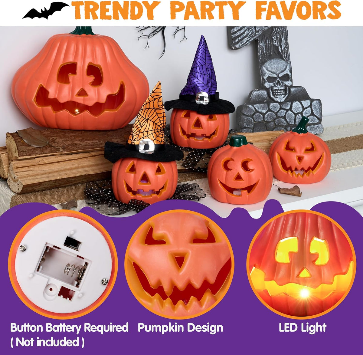 JOYIN 5 Pcs Light Up Halloween Pumpkin Decorations Jack O Lantern Decor, Plas...