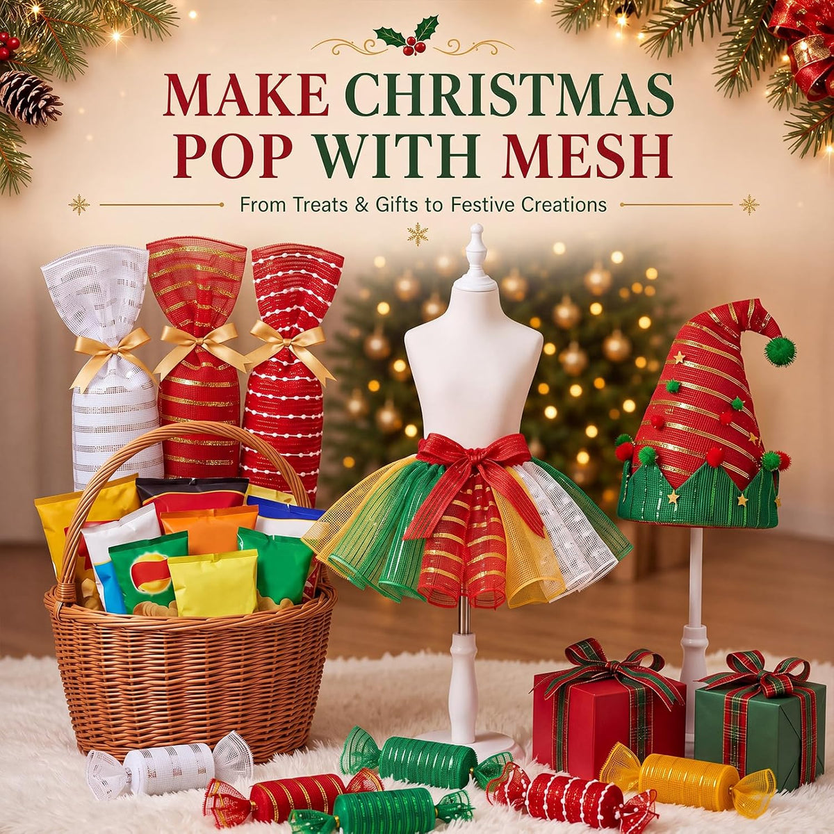 Newwiee 8 Rolls Christmas Mesh Ribbon for Wreaths 10 Inch x 30 Feet