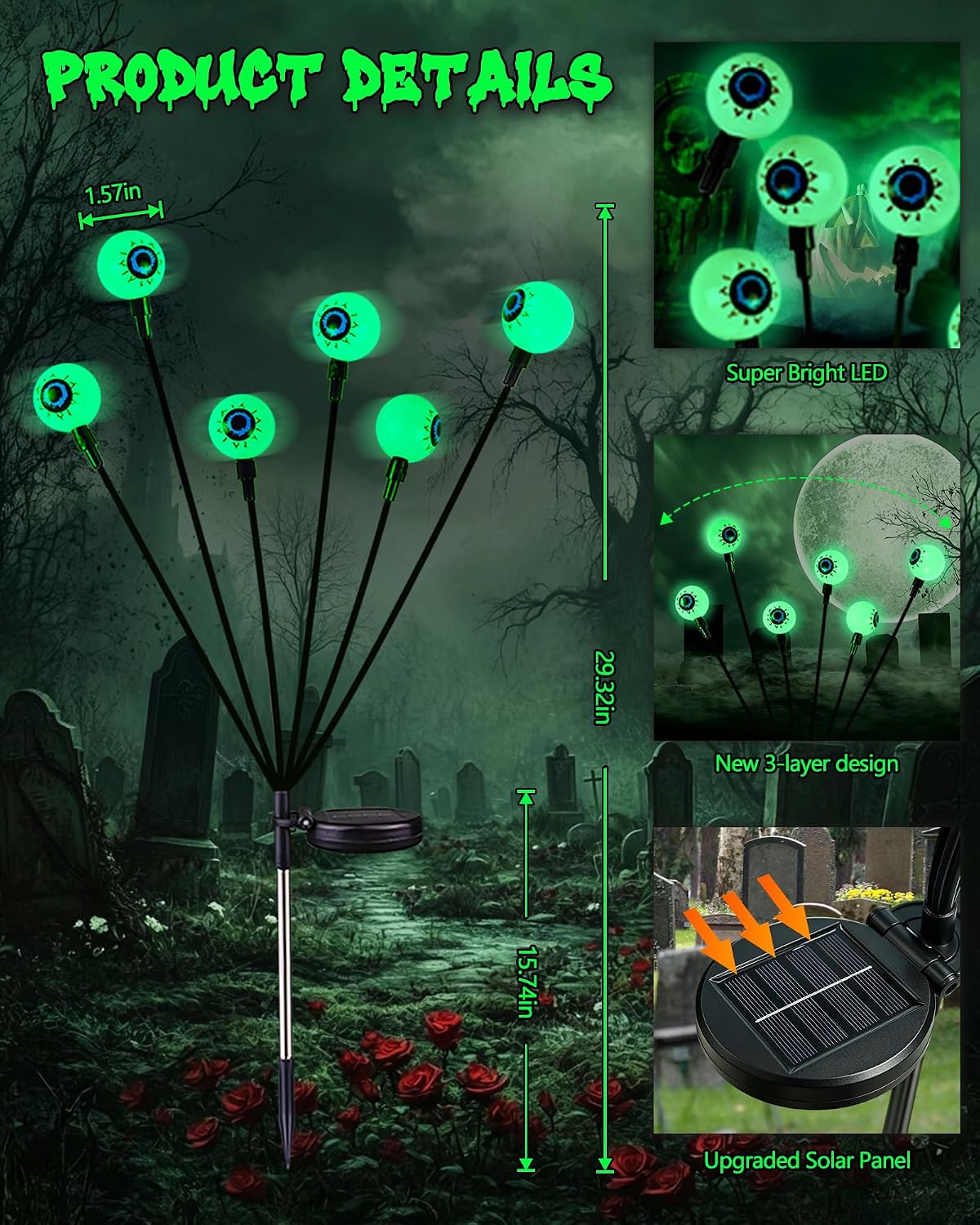 Solar Halloween Decorations Outdoor 6 Pack 36 LED Green Solar Eyeball Light