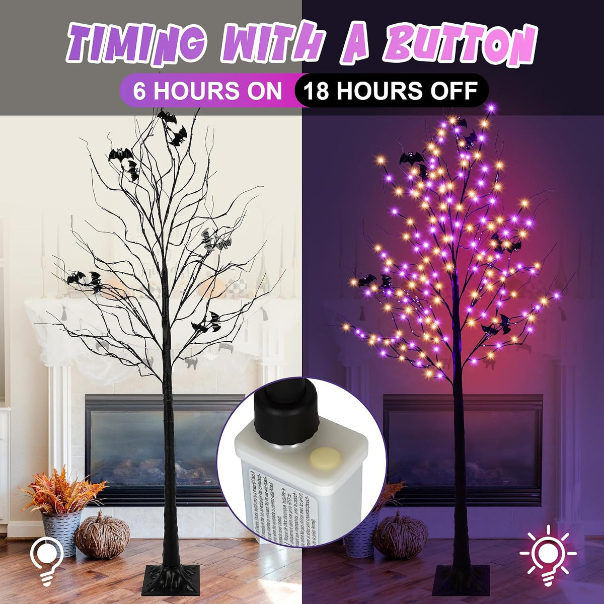 Halloween Lighted Tree with 260 LED Lights, 6FT Black Halloween Tree with Tim...