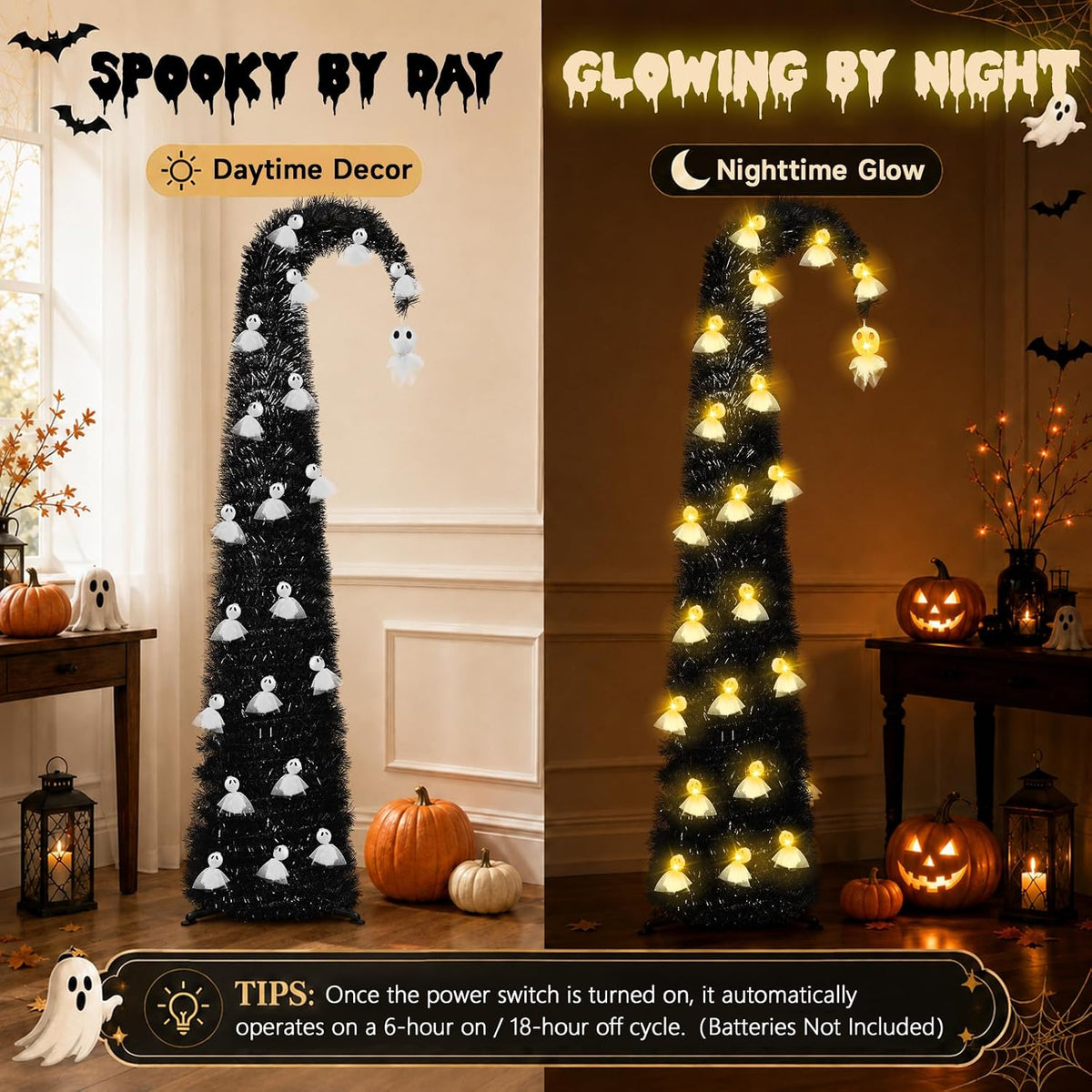 6FT Black Halloween Pop Up Christmas Tree with Ghost String Lights