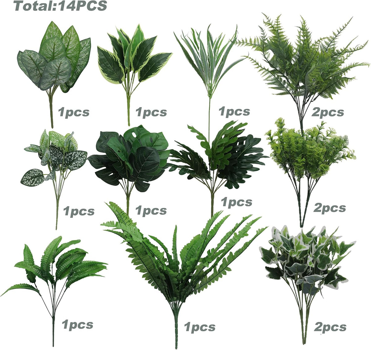 14PCS Artificial Plants Outdoor, Faux Fern Flower Greenery Stem for Outside