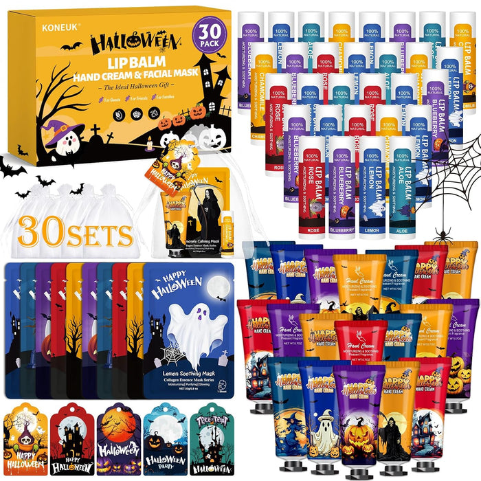 30 Pack Halloween Face Mask, Lip Balm & Hand Cream, Halloween Party Favors