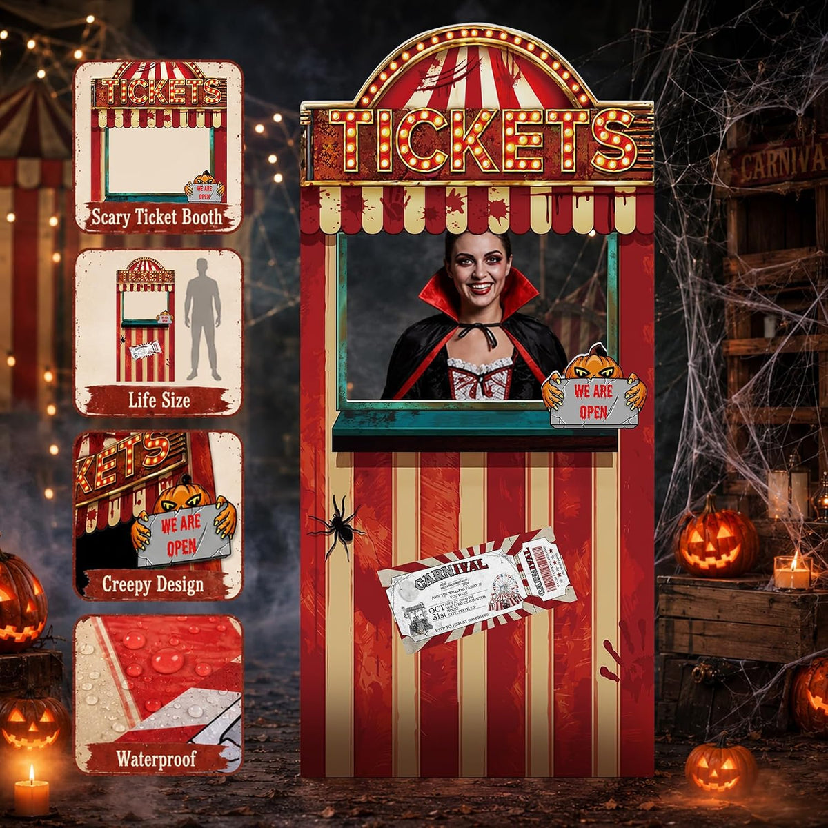 5.6 Ft Creepy Carnival Ticket Booth Photo Prop, Stand Up Halloween Carnival C...