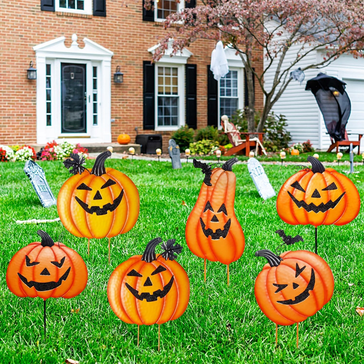 Juegoal 2 Pack Halloween Garden Stakes, Stacked Metal Pumpkins Jack-o-Lantern...