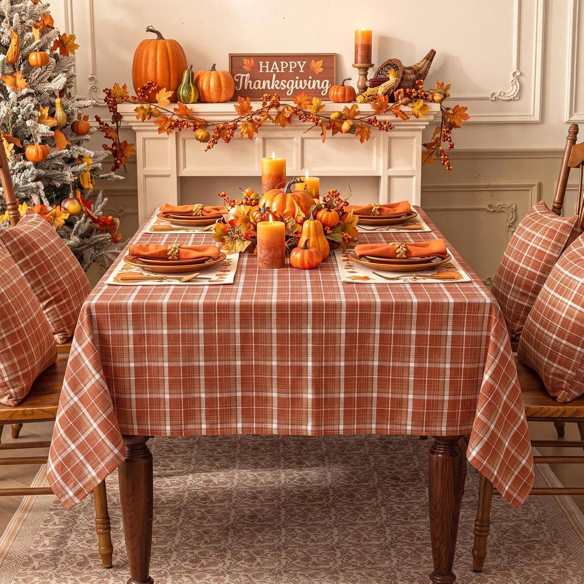 Softalker Fall Checkered Tablecloth Rectangle, Orange, 60 x 84 Inch