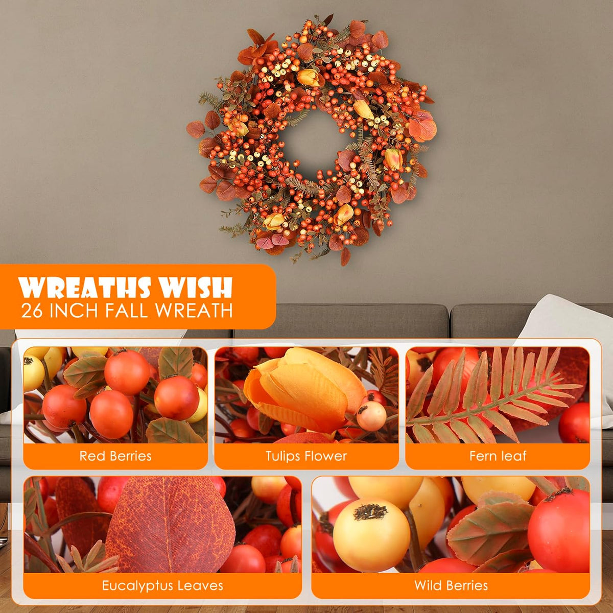 Thanksgiving Fall Wreath for Front Door 26 Inch Berries Autumn Wreaths