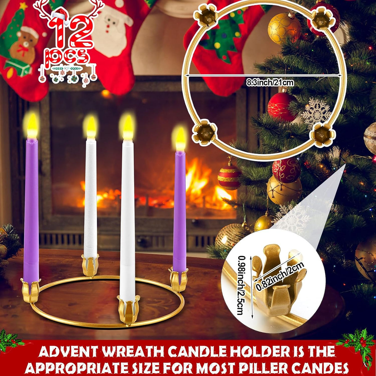 Thyle 12 Pcs Christmas Metal Advent Wreath Rings, Gold Candle Holder