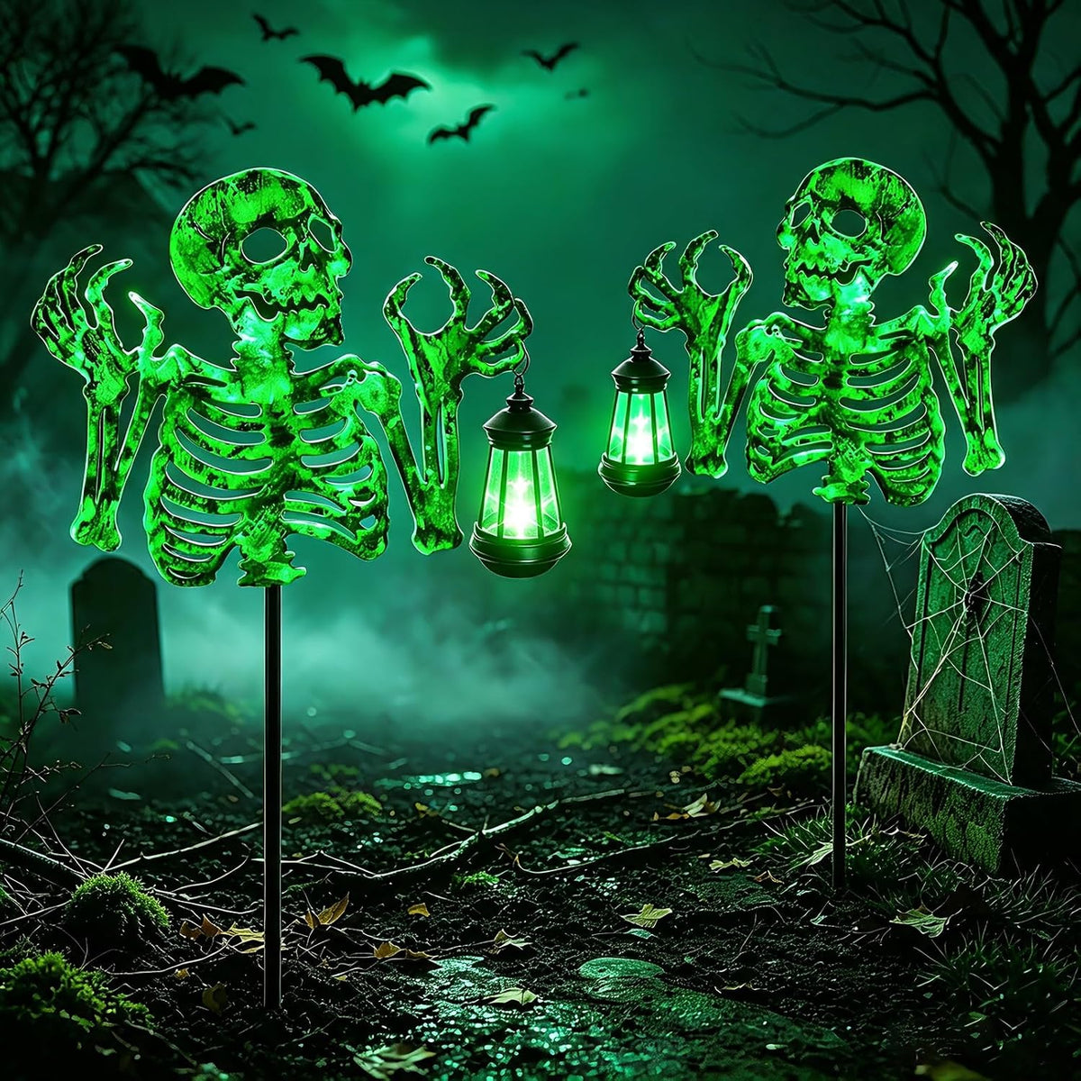 Halloween Skeleton Decorations Outdoor,Spooky Green Glowing Iron Skull