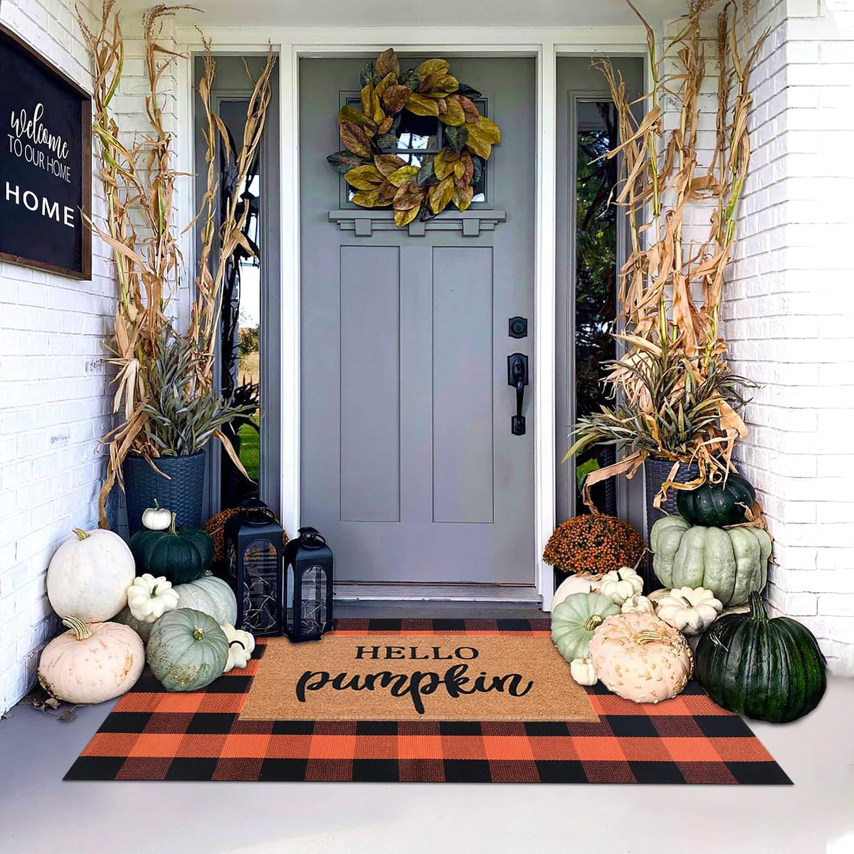 Orange and Black Plaid Rug, 3' x 5' Fall Outdoor Front Door Decor Mat...