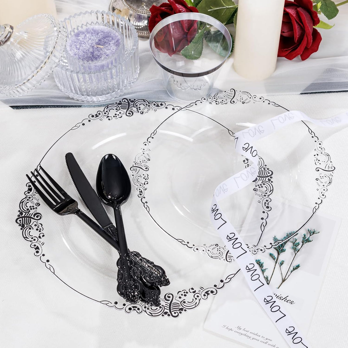 Hioasis 175 Pcs Clear Black Plates for Party