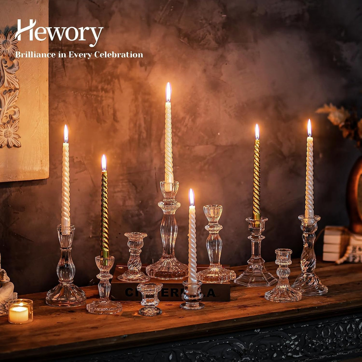 Hewory Crystal Taper Candle Holders: 10PCS Clear Glass Candlestick Holders