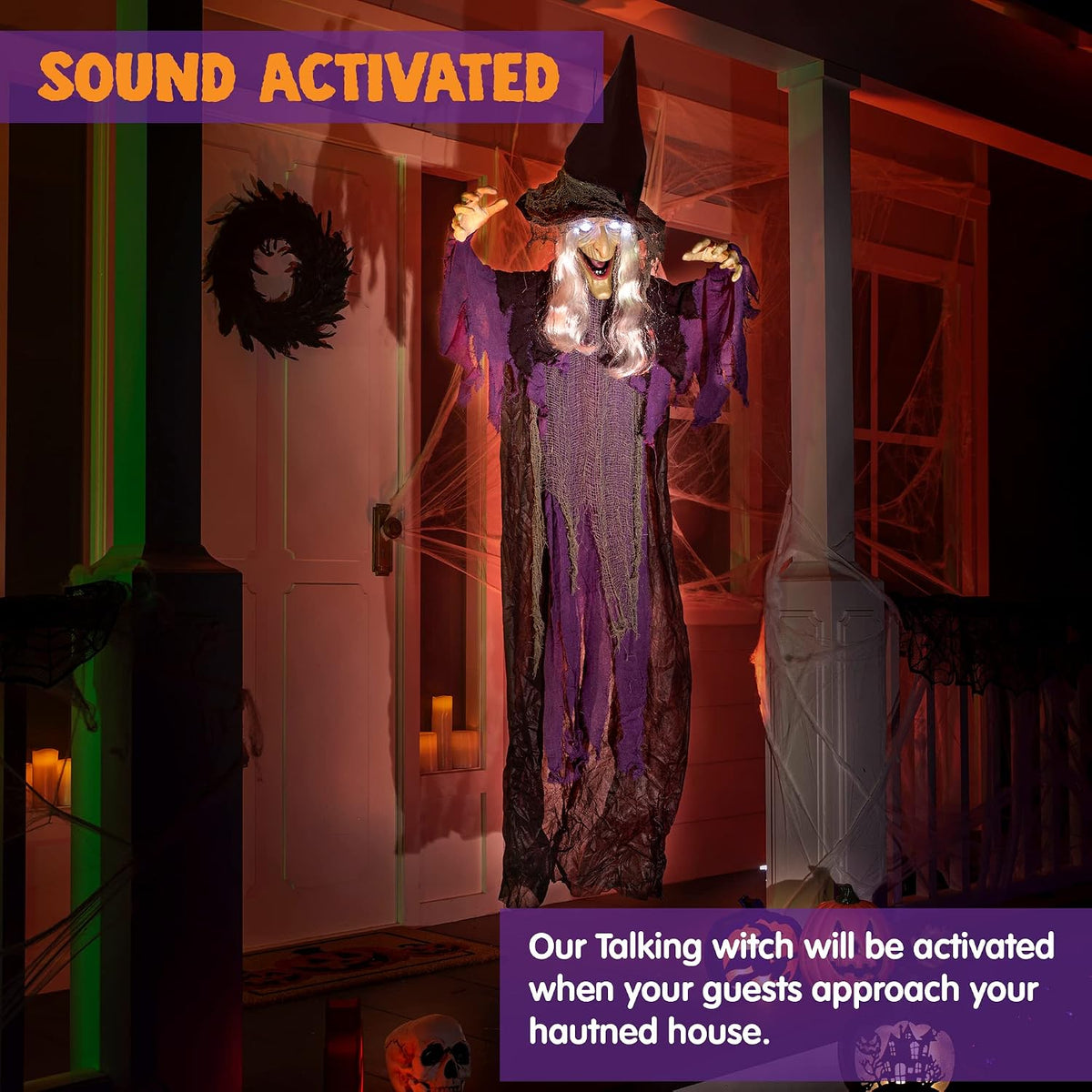 JOYIN 72” Halloween Hanging Witch Decorations Outdoor, Flying Talking Ghost D...