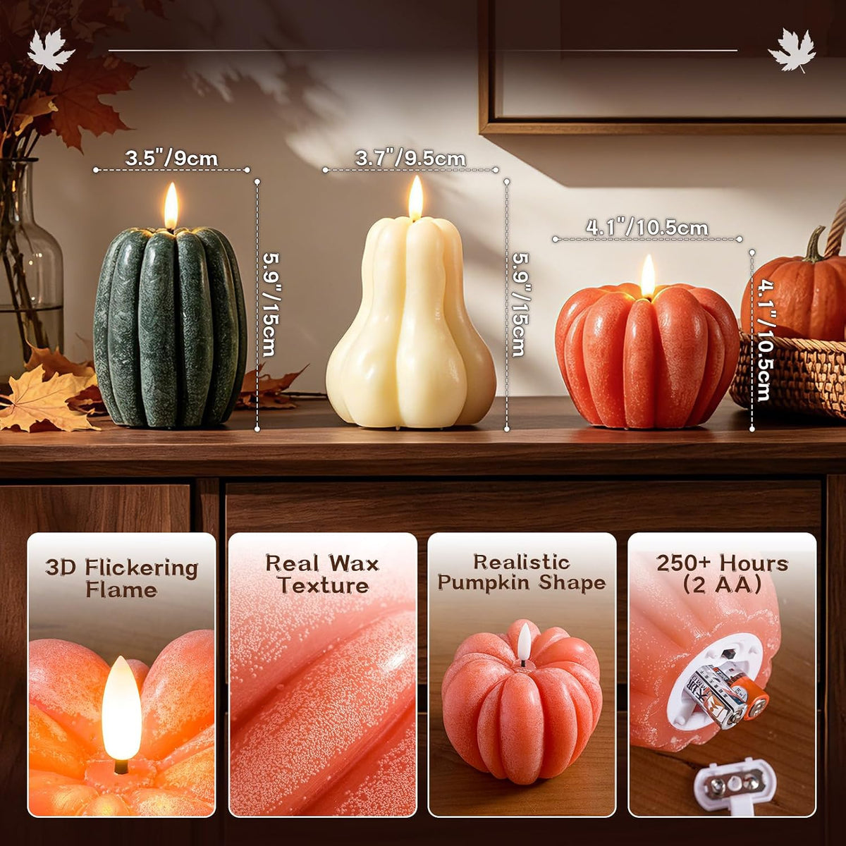 EVERLORIA 3 Pcs Fall Pumpkin Flameless Candle, LED Battery Operated Pumpkin C...