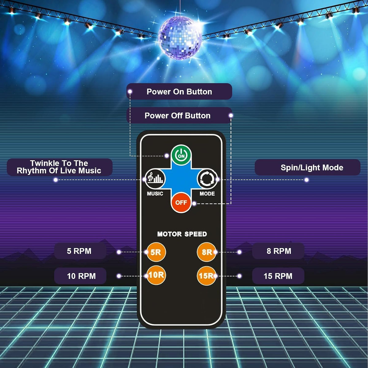Disco Ball with Motor & Light, 5/8/10/15RPM Disco Spinner & 6" M...