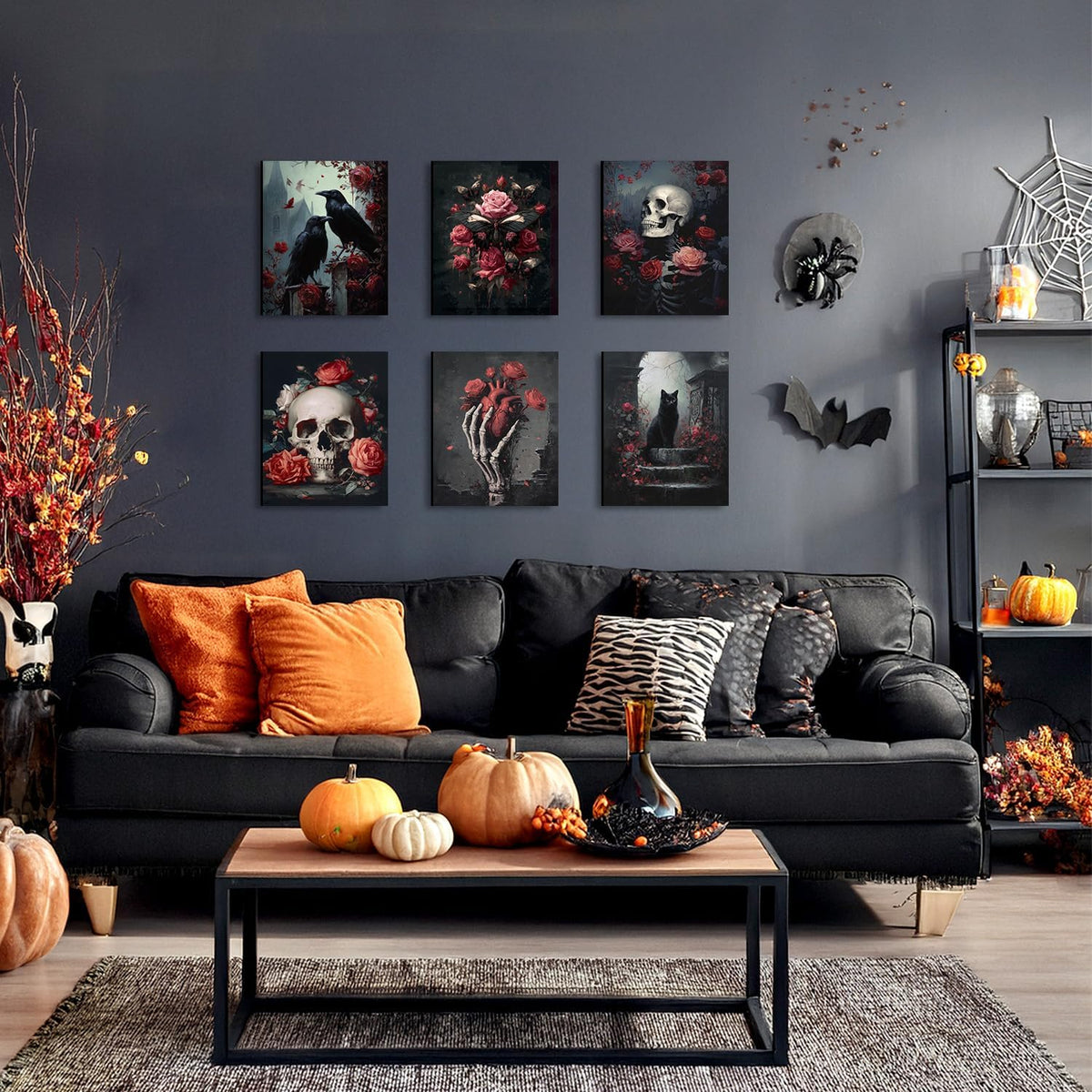 HPNIUB Vintage Skull Halloween Floral Framed Canvas Wall Art, Set Of 6 Piece ...
