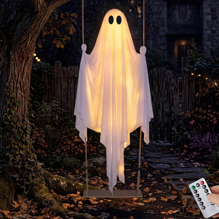 JOYIN Halloween Decorations Outdoor - 5 FT Large Hanging Swing Ghost, Swing White Ghost Outdoor Decor with Warm White Lights, Halloween Spooky Cute Decorations for Front Porch Yard Tree