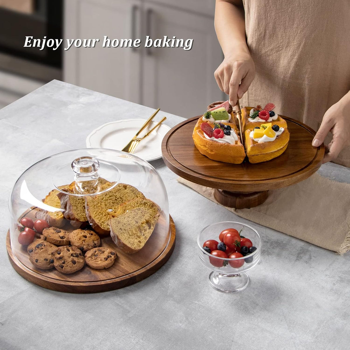 ANBOXIT Cake Stand with Dome Lid, Acacia Wood Cake Plate with Cover