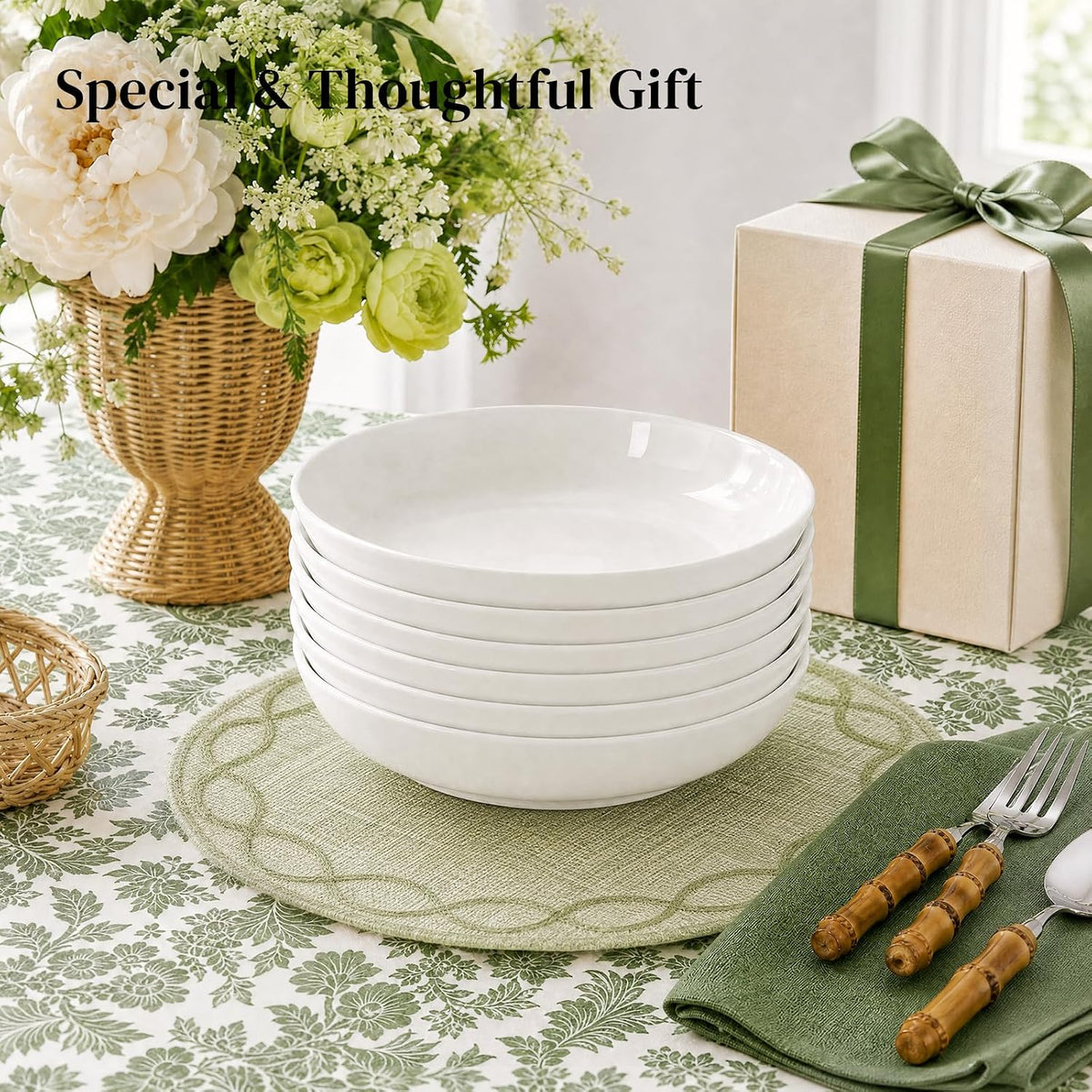 Y YHY Pasta Bowls Set of 6, High-Fired Porcelain White Salad Bowls 30 oz Wide...