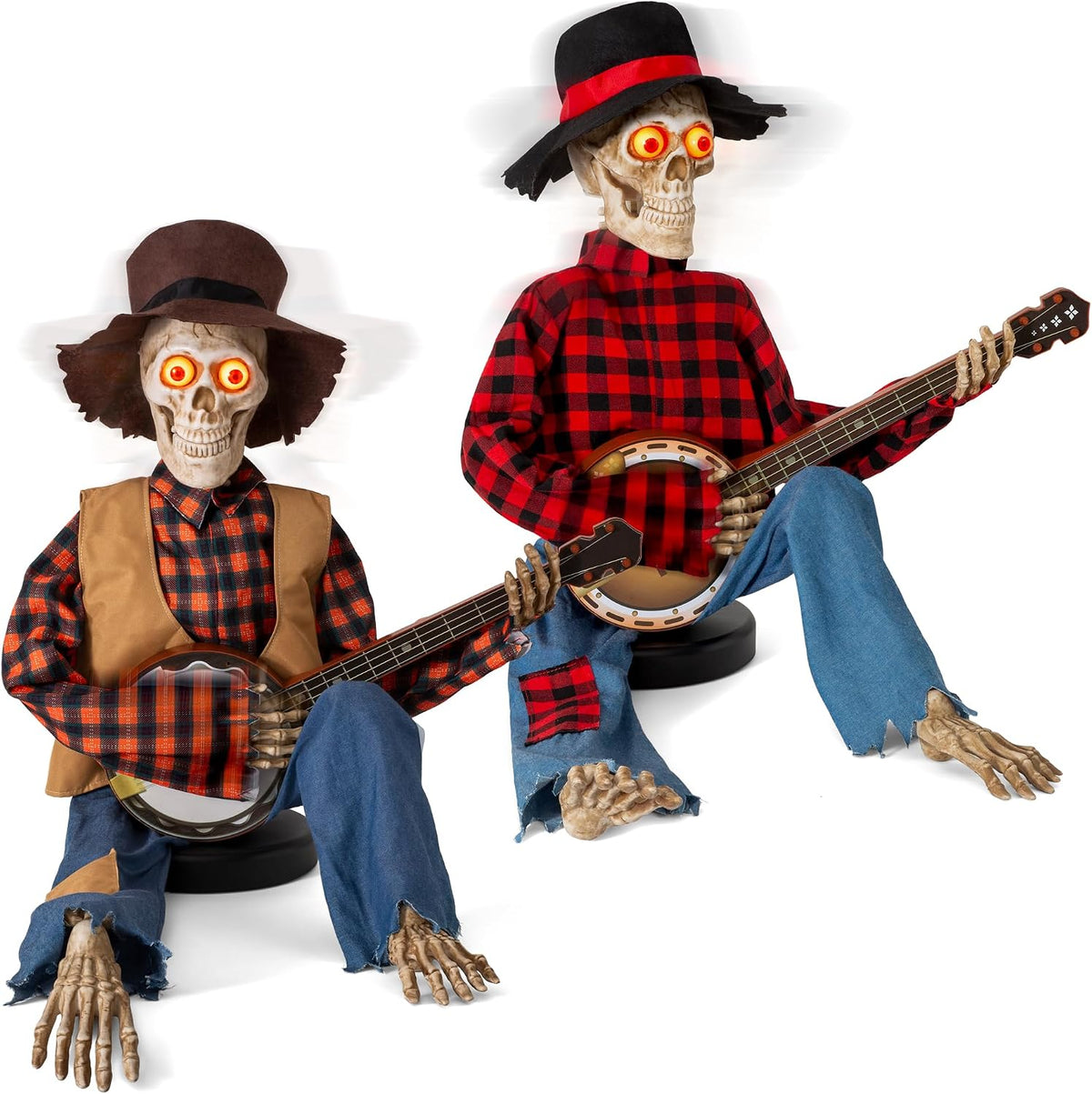Halloween Animatronics Banjo Skeletons Duo Decorations, Animated Skull with S...