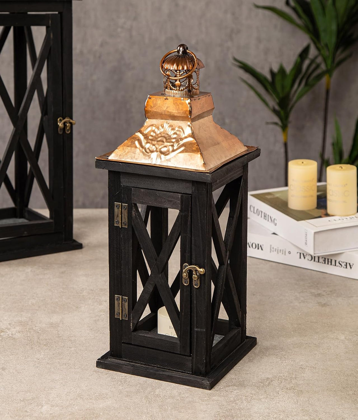 Large Farmhouse Wooden Lanterns with Metal Top, Decorative Floor Lanterns Set...