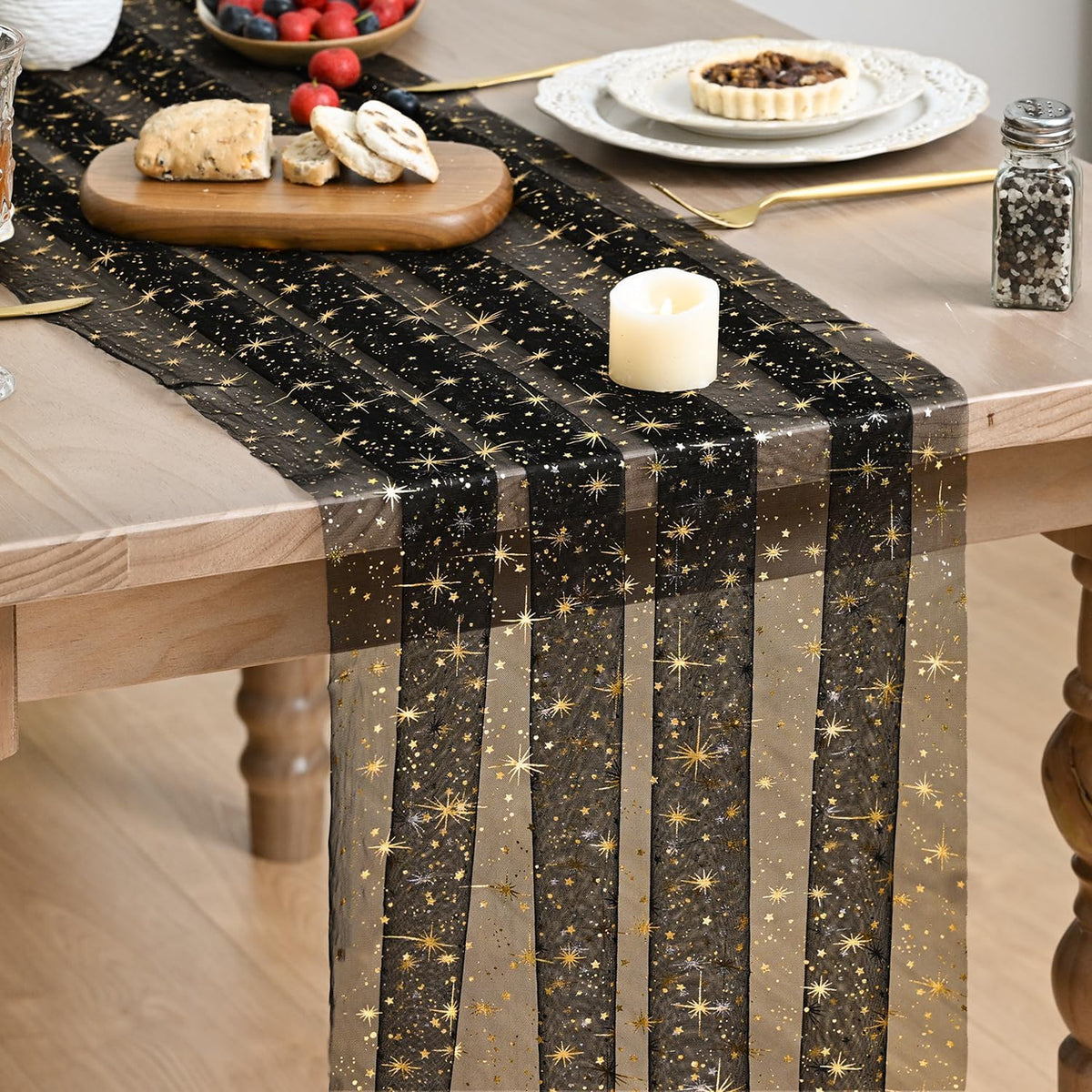 Artoid Mode 10PC Gold Stars Black Gauze Table Runner 120 Inch 10FT, Reversibl...