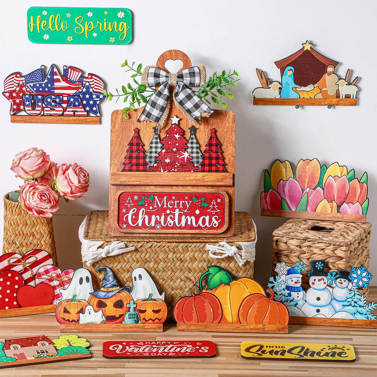 GlikCeil 37 Pcs Interchangeable Seasonal Decor Farmhouse Breadboard