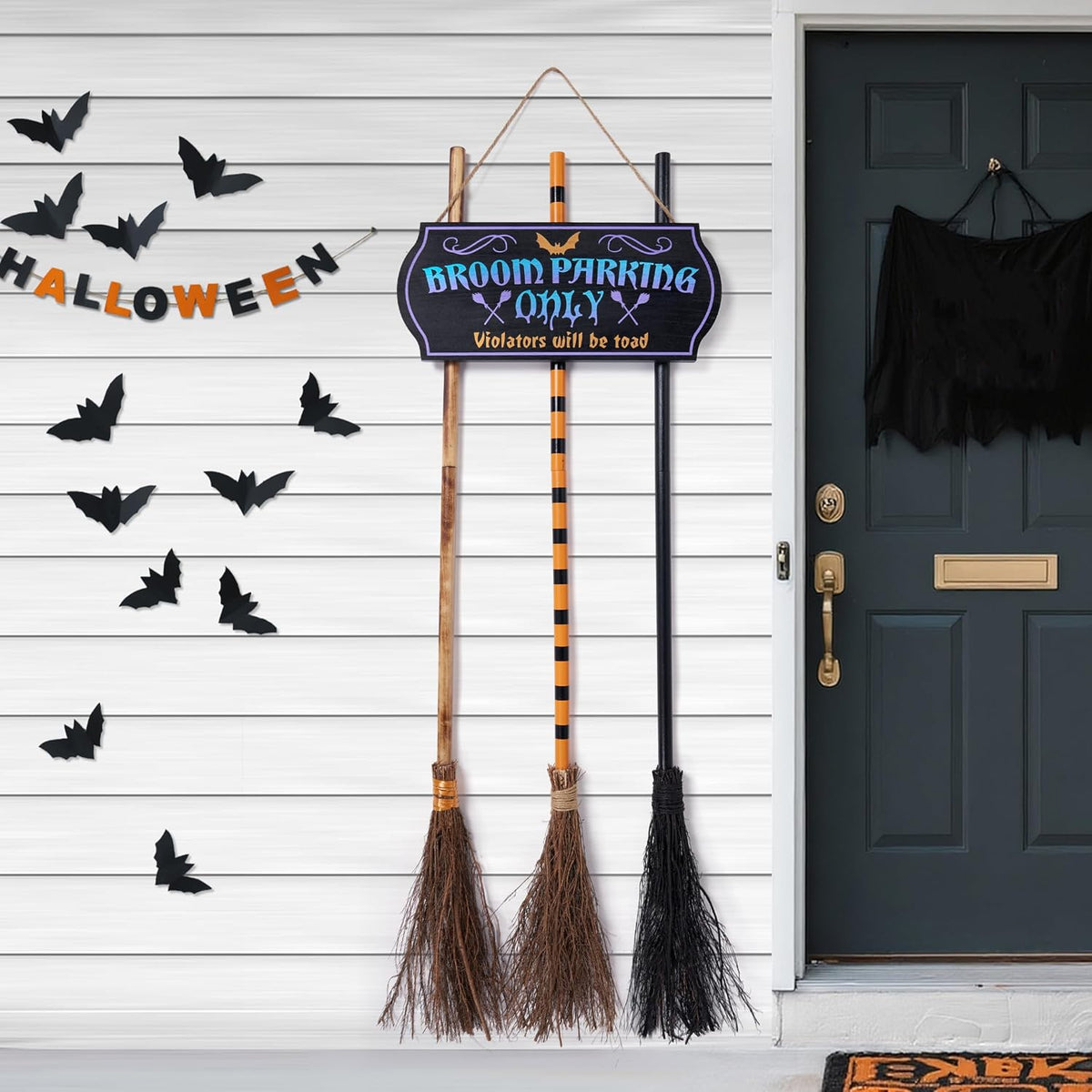 JOYIN Halloween Broom Parking Sign with 3pcs Wooden Witches Brooms, Halloween...