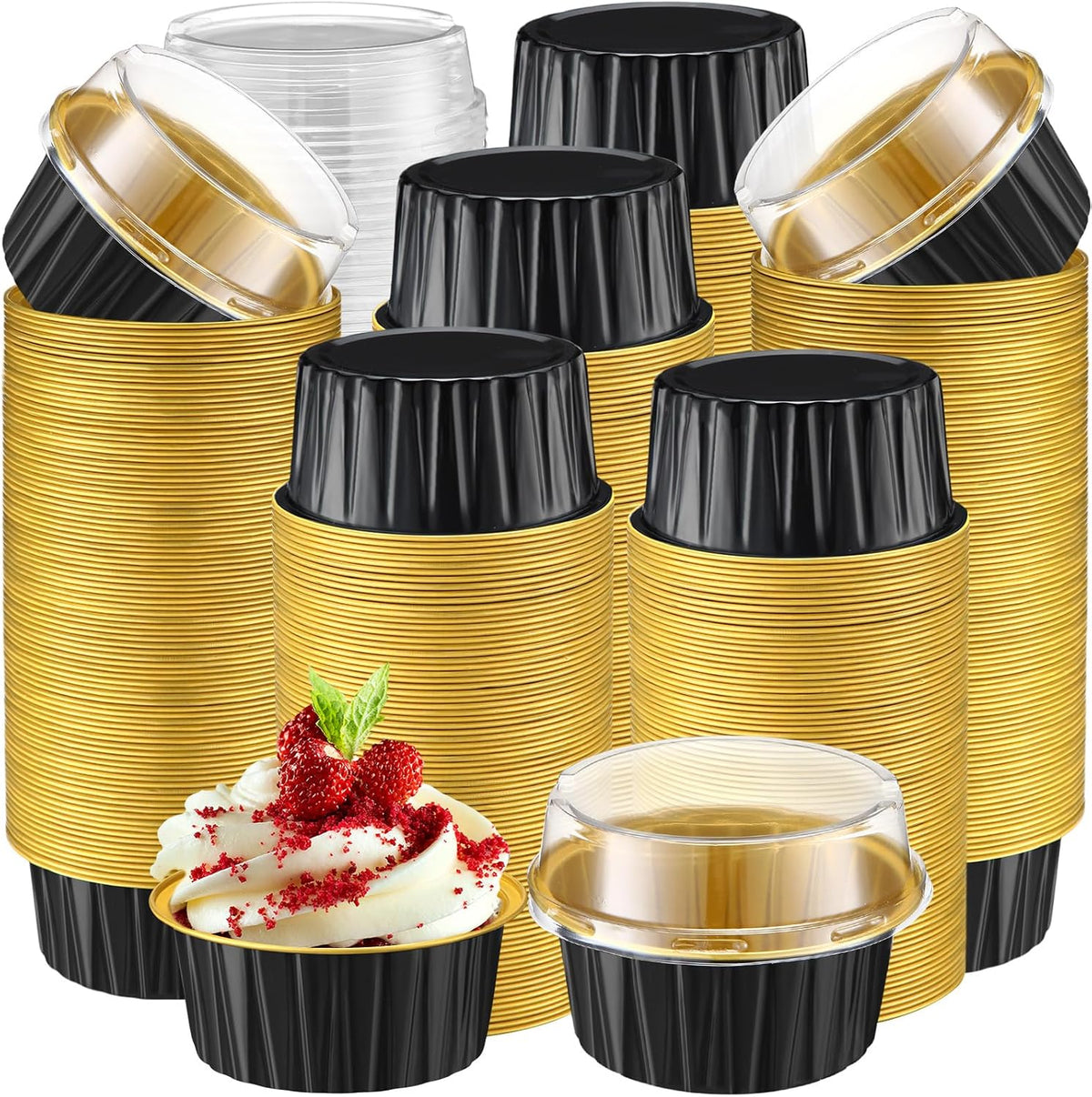 Gejoy 600 Pcs Aluminum Foil Baking Cups with Lids, Classic, Black and Gold