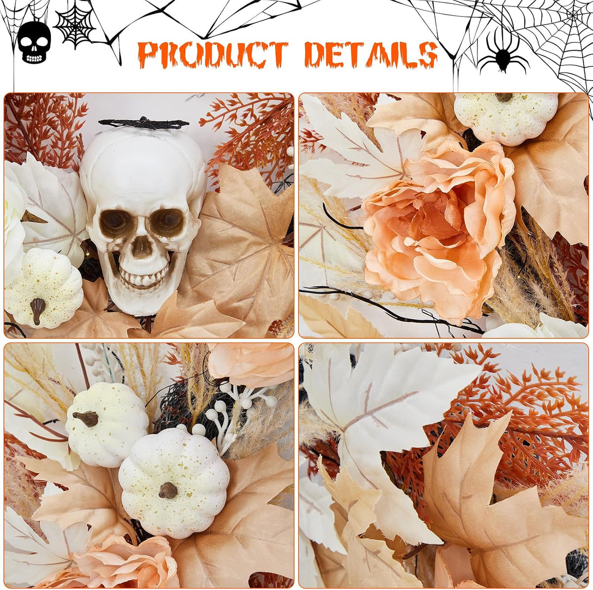 GarveeHome 22 in Halloween Skull Wreaths for Front Door, Fall Maple Leaves Wr...
