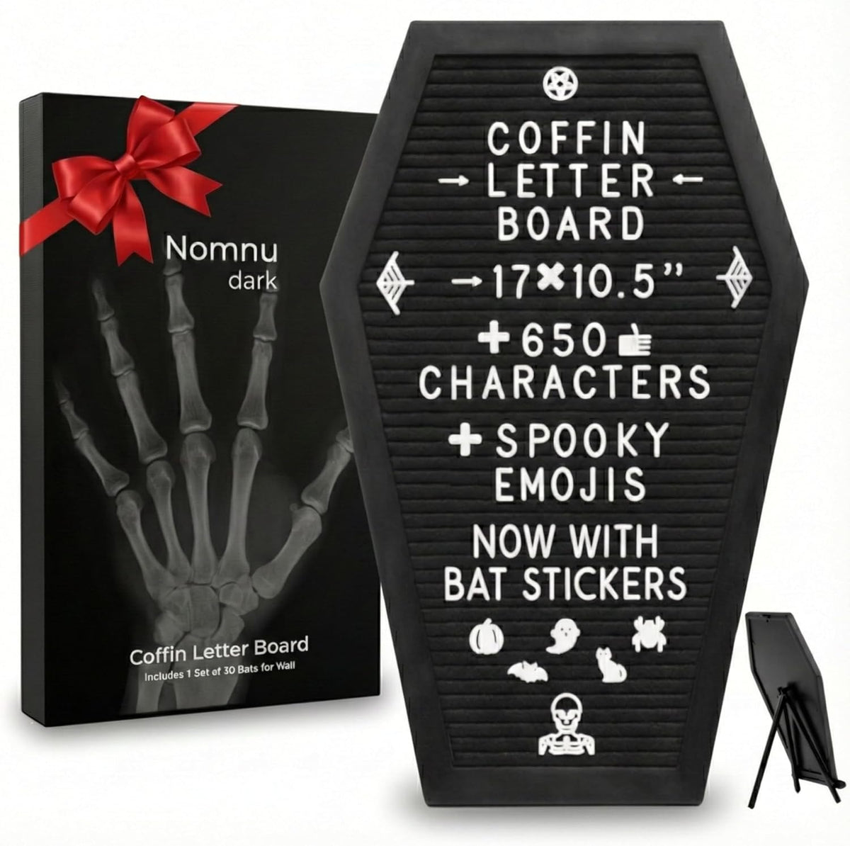Nomnu Coffin Letter Board, Black Goth Decor with Bat Stickers Spooky Emojis